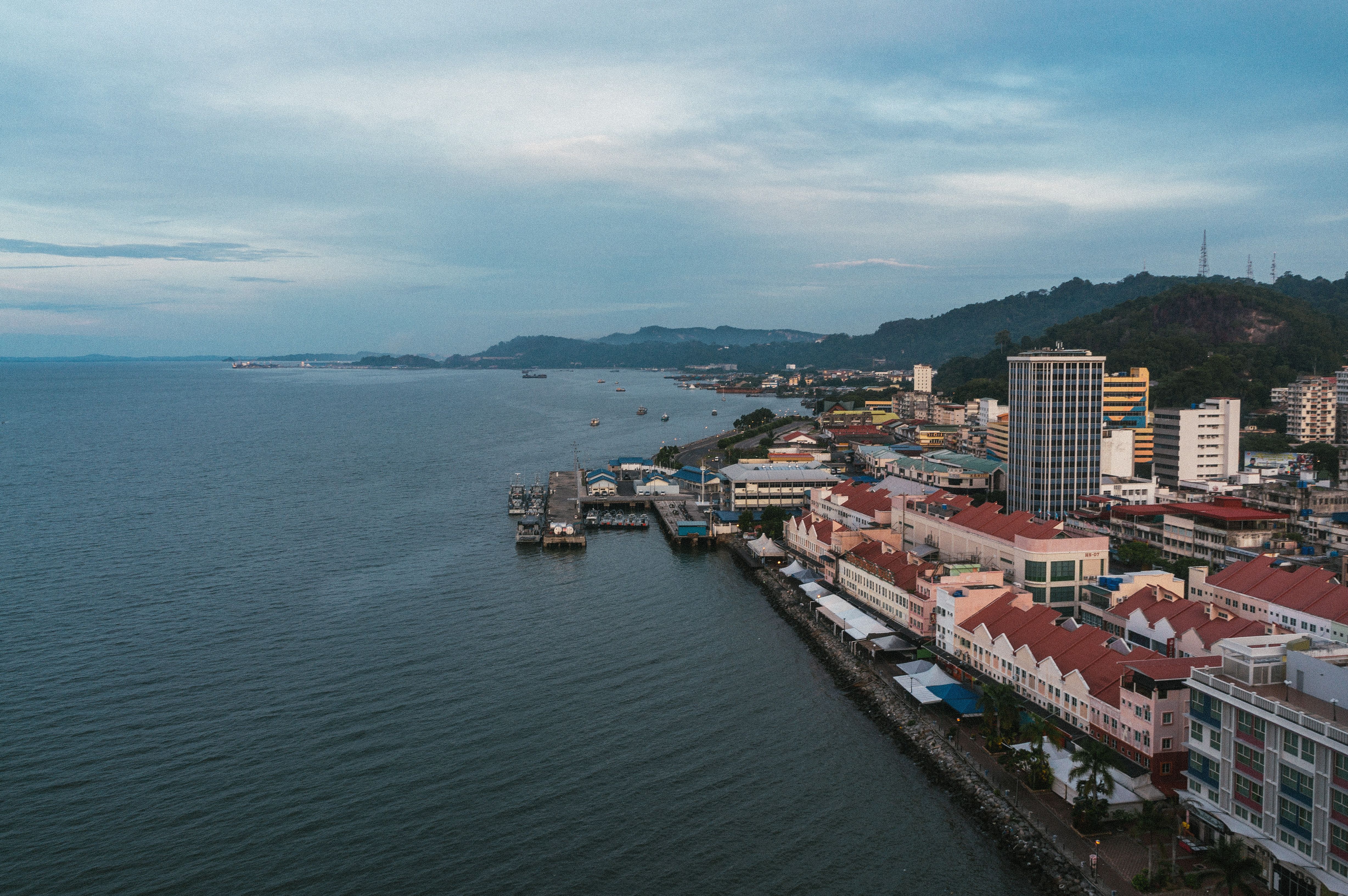 Aerial view of a Malaysian coastal city and waterfront development